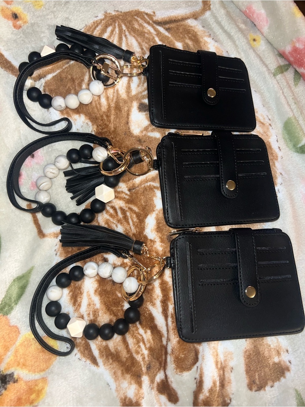 Black Card Holder Wristlet Keychain with Beaded Tassel